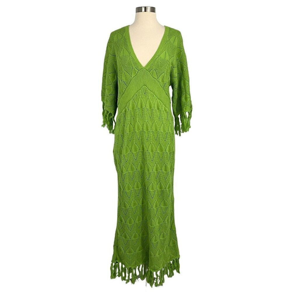 NWT DODO BAR OR Size 42 US 4-6 Simmons Dress Green Knit Tassles Maxi Half Sleeve